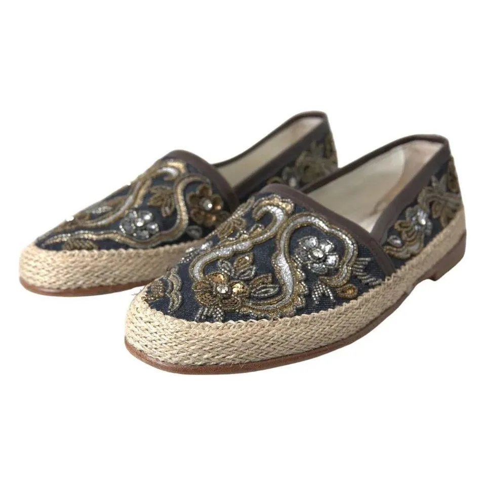 Dolce & Gabbana Blue Embroidered Denim Men Espadrilles Shoes