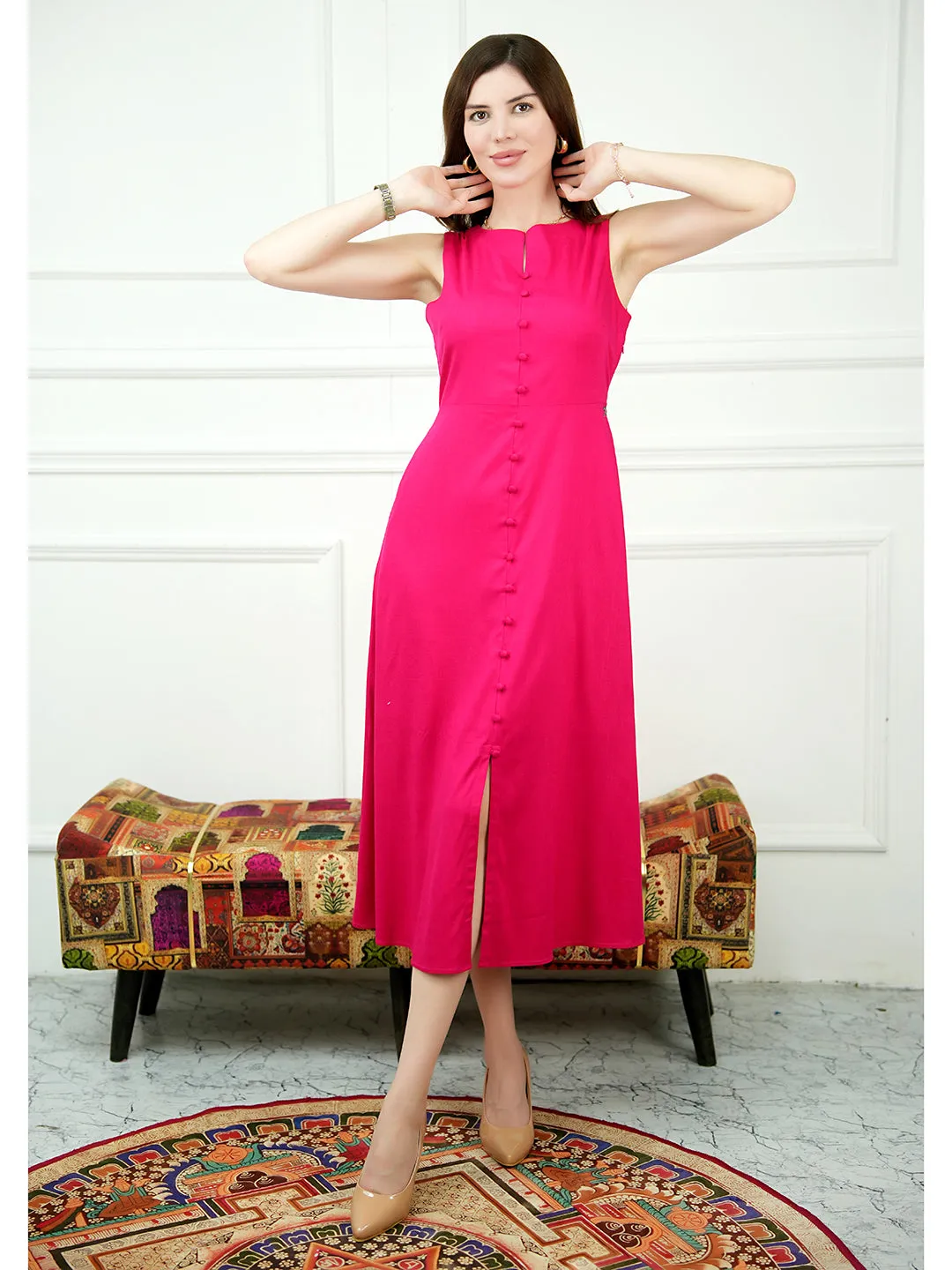 Exude Glowing Front Button Dress With Pockets (Fuscia)