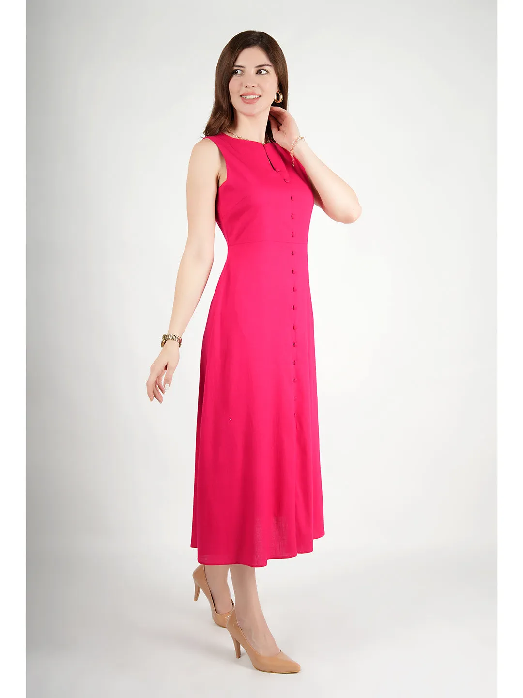 Exude Glowing Front Button Dress With Pockets (Fuscia)