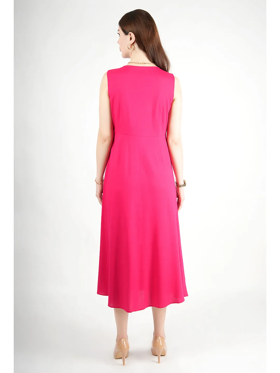 Exude Glowing Front Button Dress With Pockets (Fuscia)