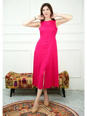 Exude Glowing Front Button Dress With Pockets (Fuscia)