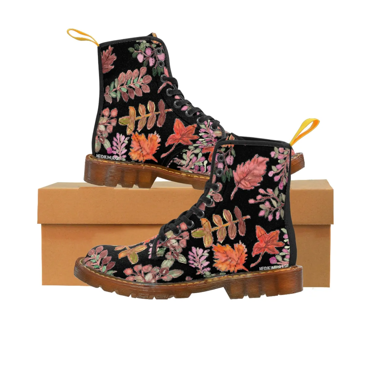 Fall Leaves Print Women's Boots, Black Orange Autumn Fall Leaves Print Women's Boots, Best Winter Boots For Women