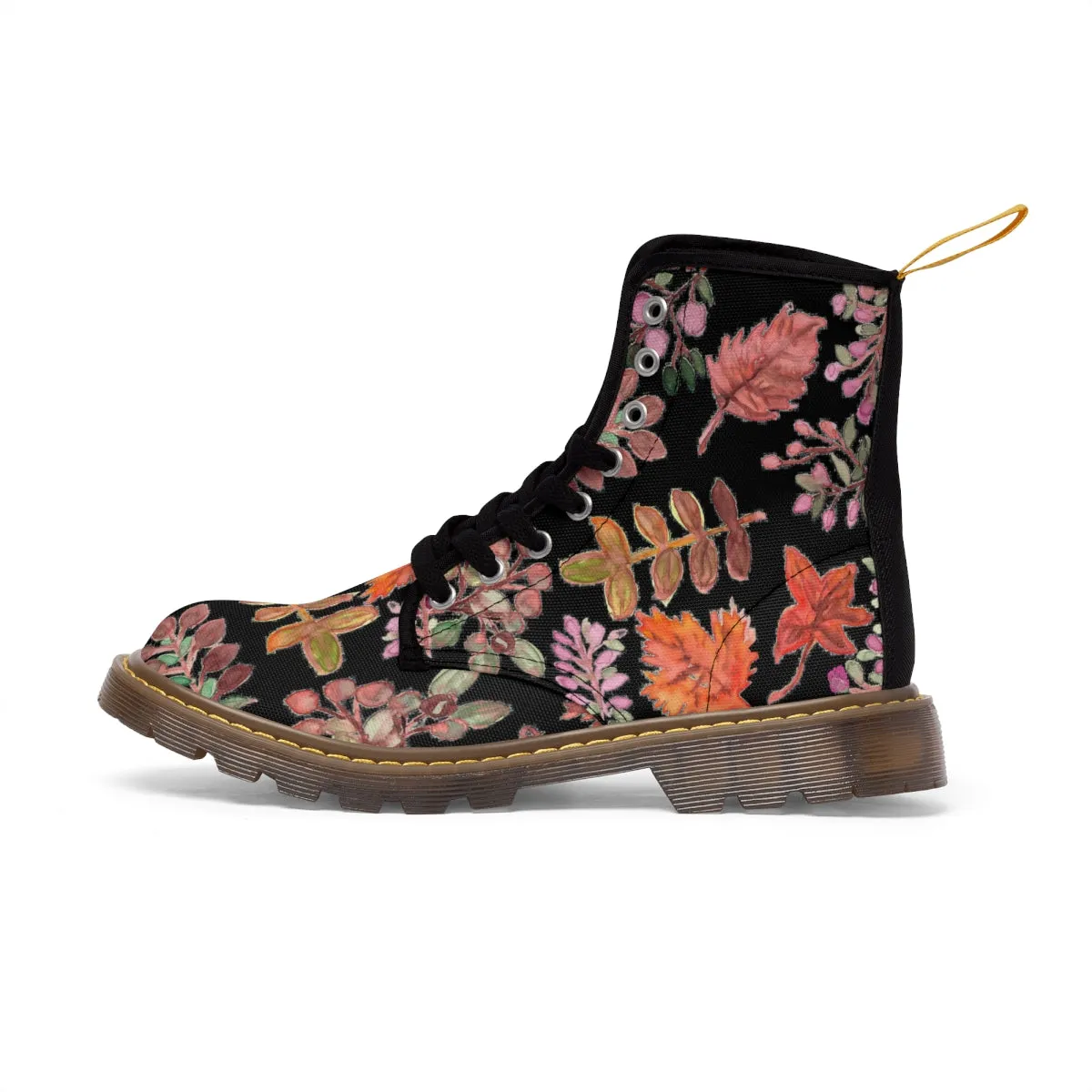 Fall Leaves Print Women's Boots, Black Orange Autumn Fall Leaves Print Women's Boots, Best Winter Boots For Women