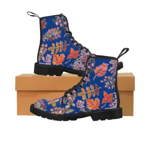 Fall Leaves Print Women's Boots, Blue Autumn Fall Leaves Print Women's Boots, Best Winter Boots For Women