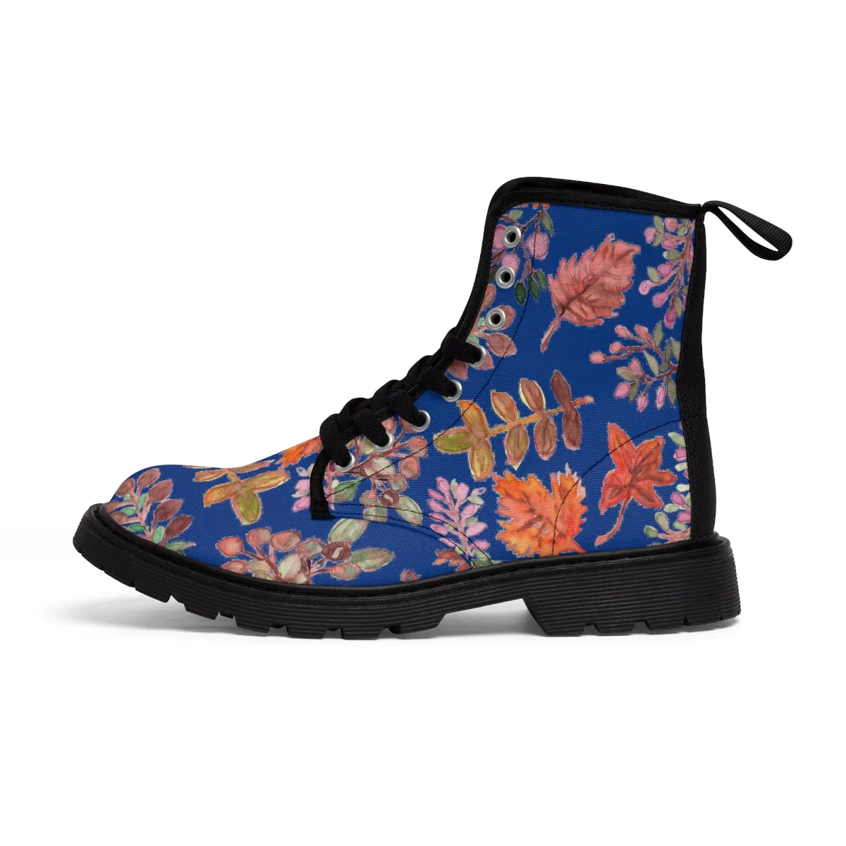 Fall Leaves Print Women's Boots, Blue Autumn Fall Leaves Print Women's Boots, Best Winter Boots For Women