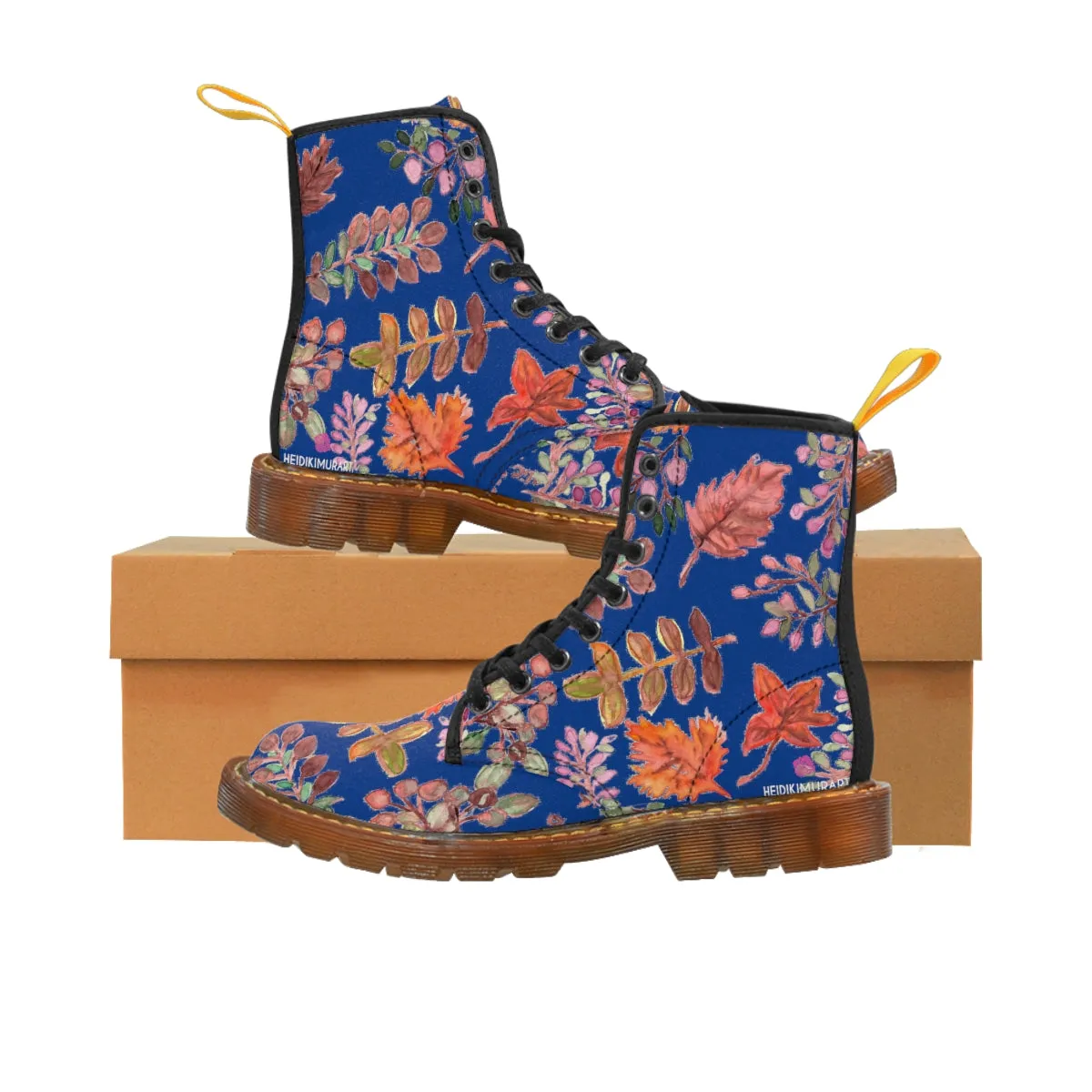 Fall Leaves Print Women's Boots, Blue Autumn Fall Leaves Print Women's Boots, Best Winter Boots For Women