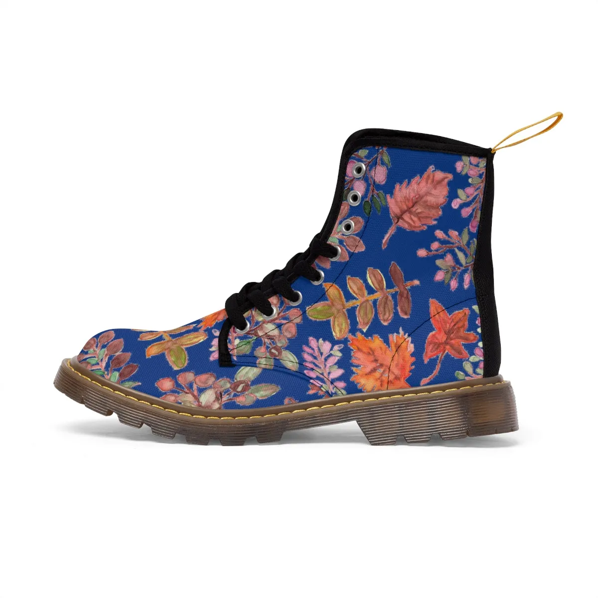 Fall Leaves Print Women's Boots, Blue Autumn Fall Leaves Print Women's Boots, Best Winter Boots For Women