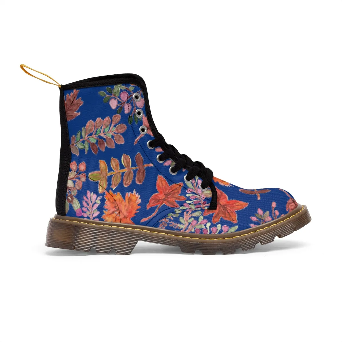 Fall Leaves Print Women's Boots, Blue Autumn Fall Leaves Print Women's Boots, Best Winter Boots For Women