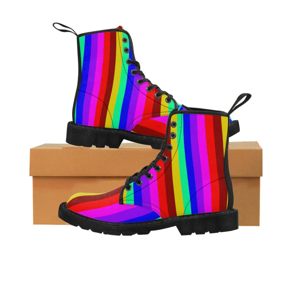 Gay Pride Rainbow Men's Boots, Colorful Rainbow Stripes Hiking Winter Laced Up Hunting Shoes For Men (US Size: 7-10.5)