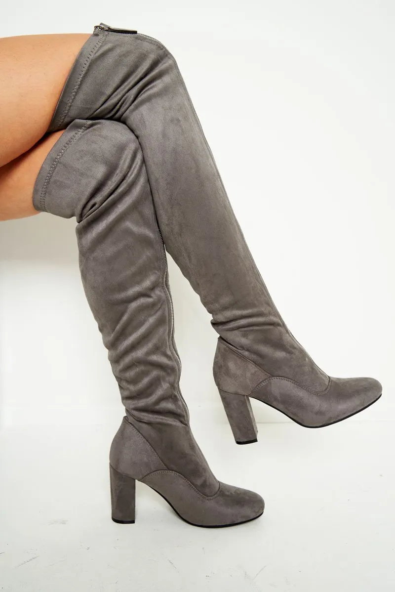 Grey Faux Suede Zip Front Over The Knee Boots - Vienna