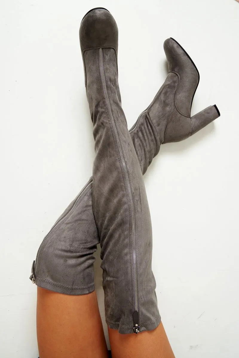 Grey Faux Suede Zip Front Over The Knee Boots - Vienna