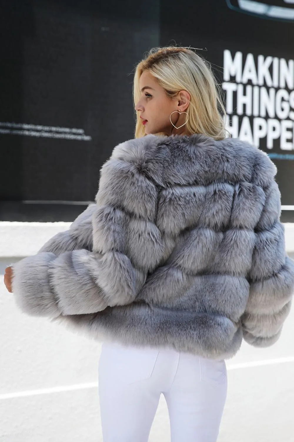 Grey Fluffy Cropeed Shawl Lapel Faux Fur Shearling Coat