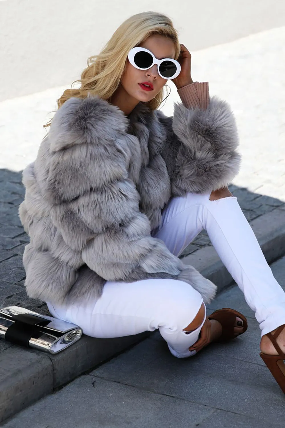 Grey Fluffy Cropeed Shawl Lapel Faux Fur Shearling Coat