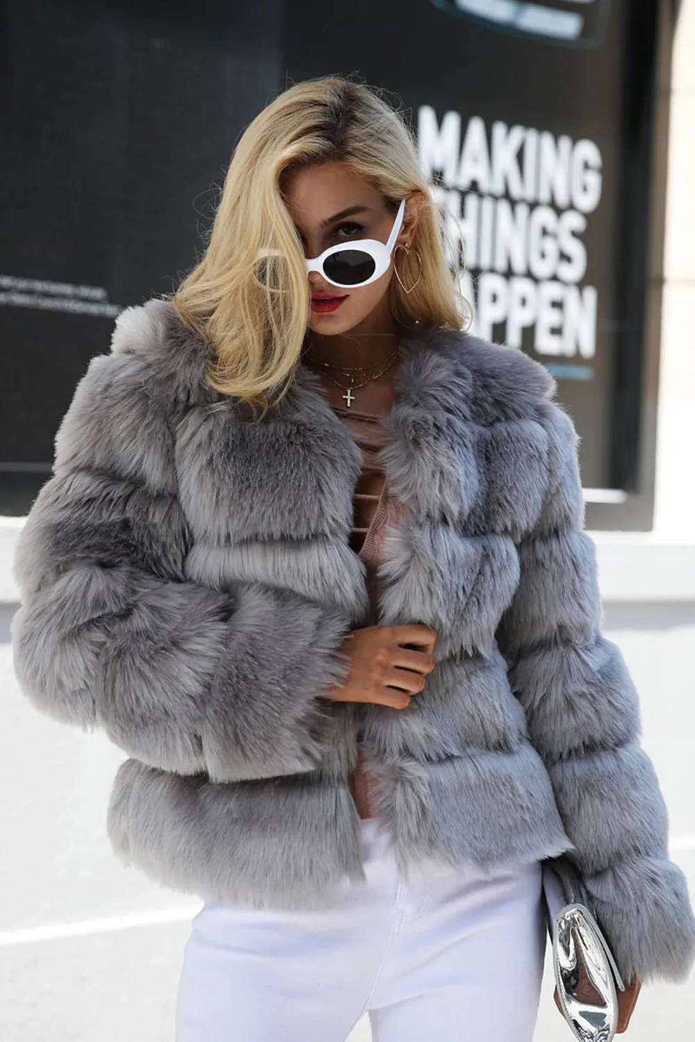 Grey Fluffy Cropeed Shawl Lapel Faux Fur Shearling Coat