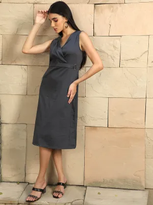 Grey Straight Fit Dress With Belt Detail