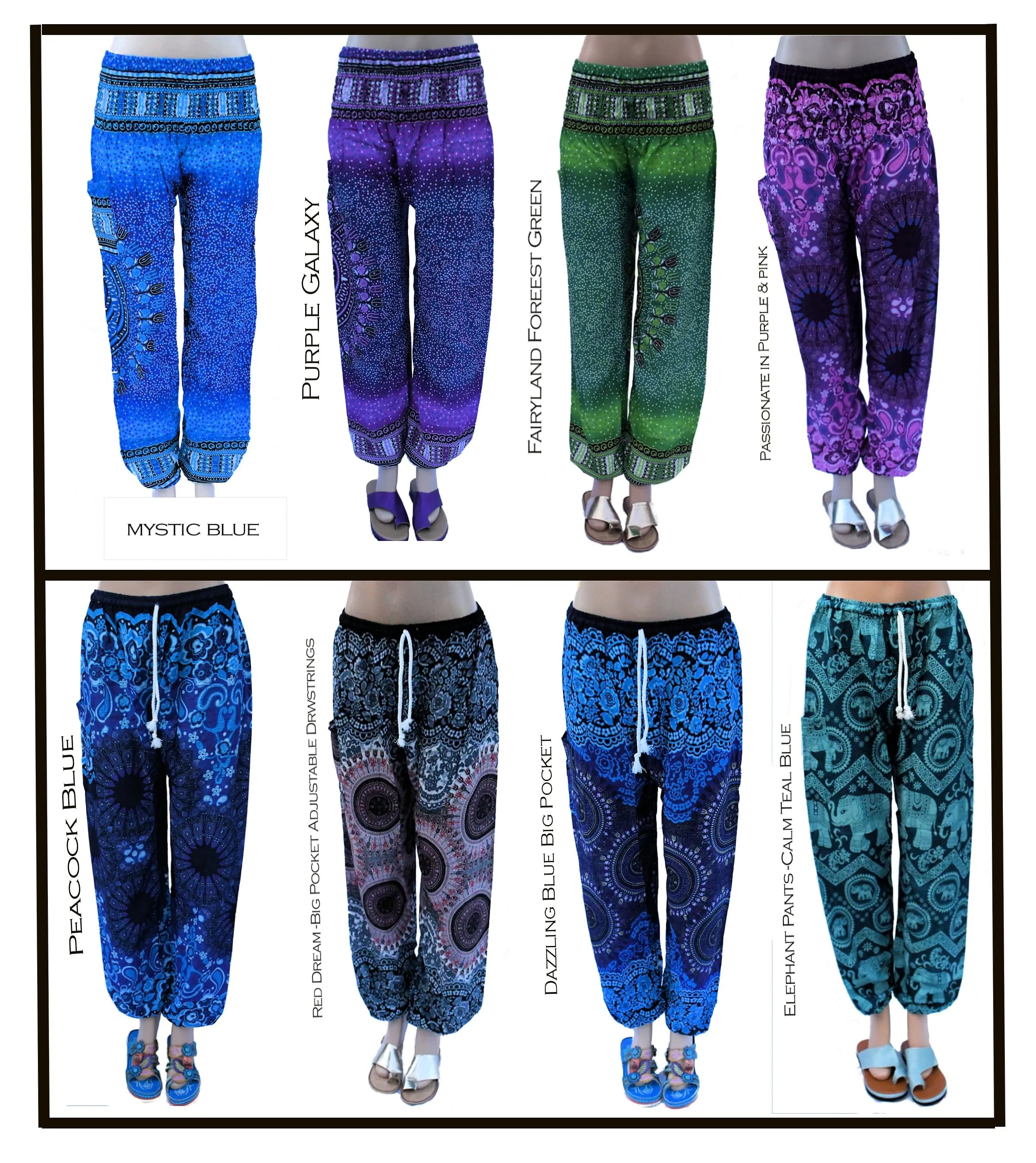 Harem Pants For Women. Harem Pant With Pattern & Big Pocket– Blue, Green, Pink, Red –Elastic Waist M