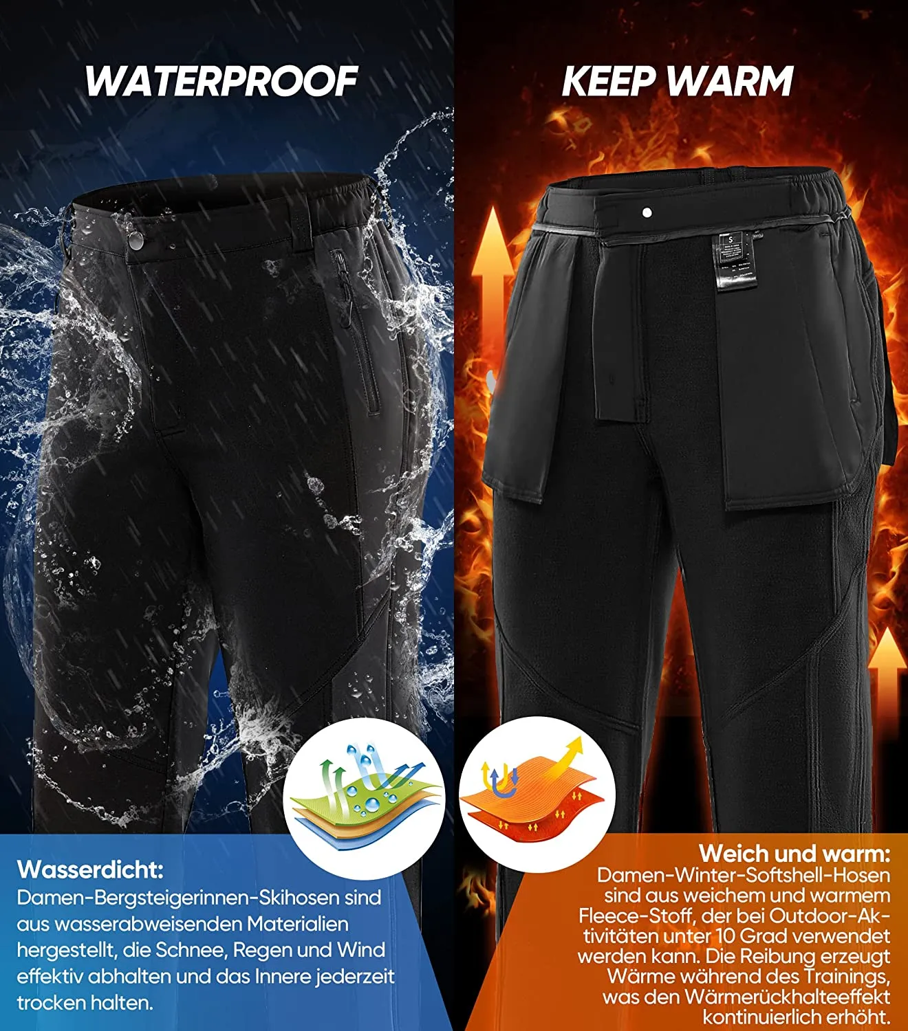 Hiauspor Outdoorhose-Damen-Skihose-Thermo- Softshell-Winter- Wanderhose-Schnee-Snowboardhose Warme Gefüttert wasserdicht Trekkinghose berghose Hundesport Wintersport