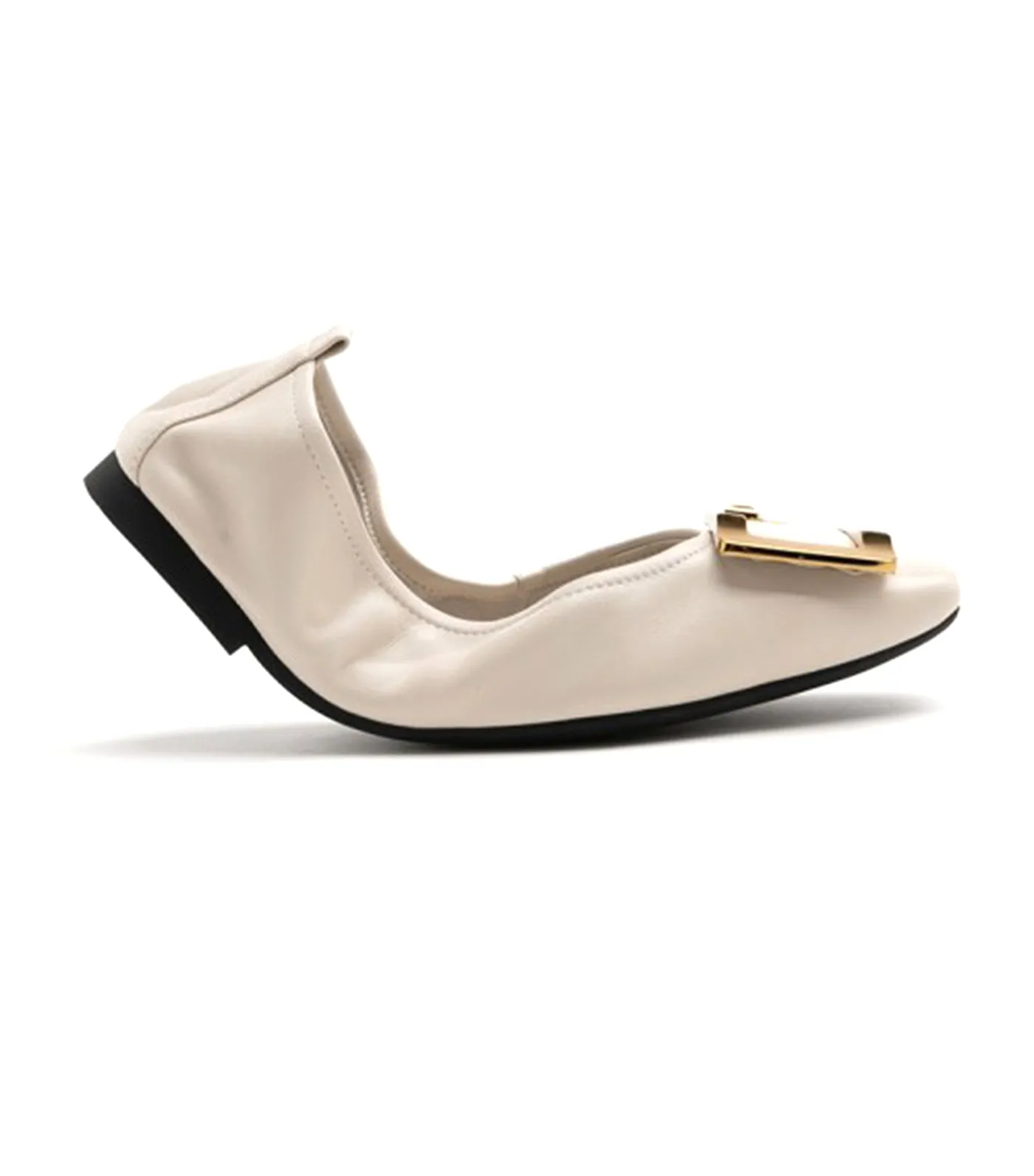 Huda Gold Buckle Foldable Flats Beige