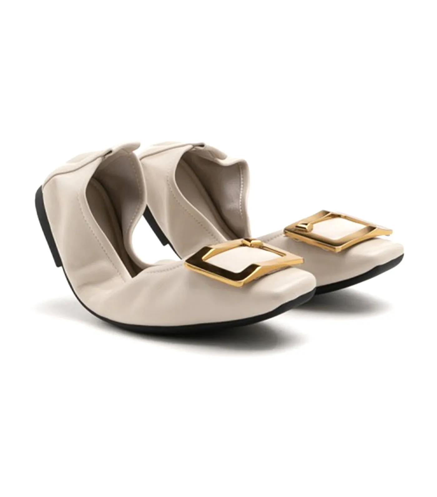 Huda Gold Buckle Foldable Flats Beige