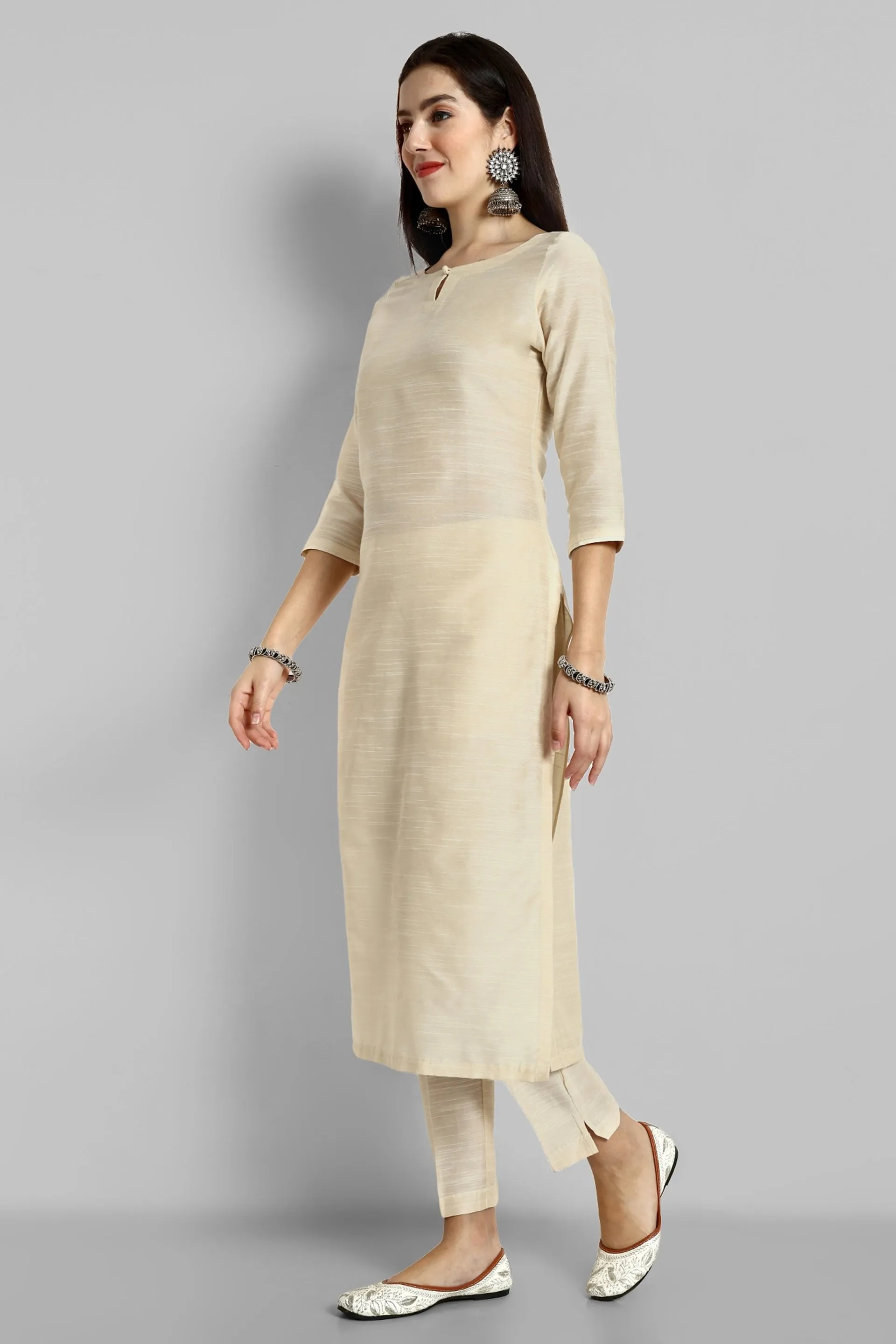 Ivory Boat Neck Kurta with Elasticated Pant - Set of 2