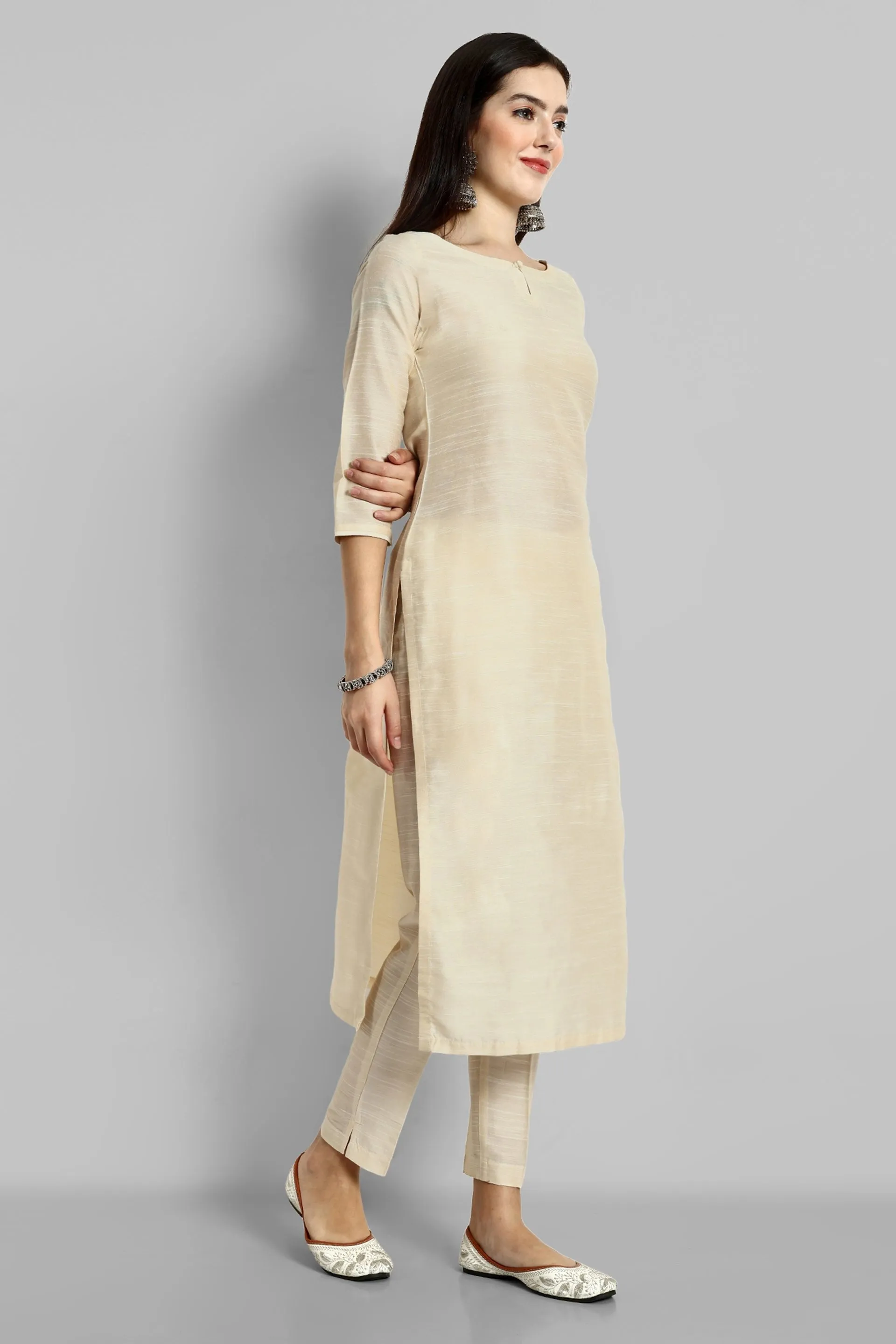 Ivory Boat Neck Kurta with Elasticated Pant - Set of 2