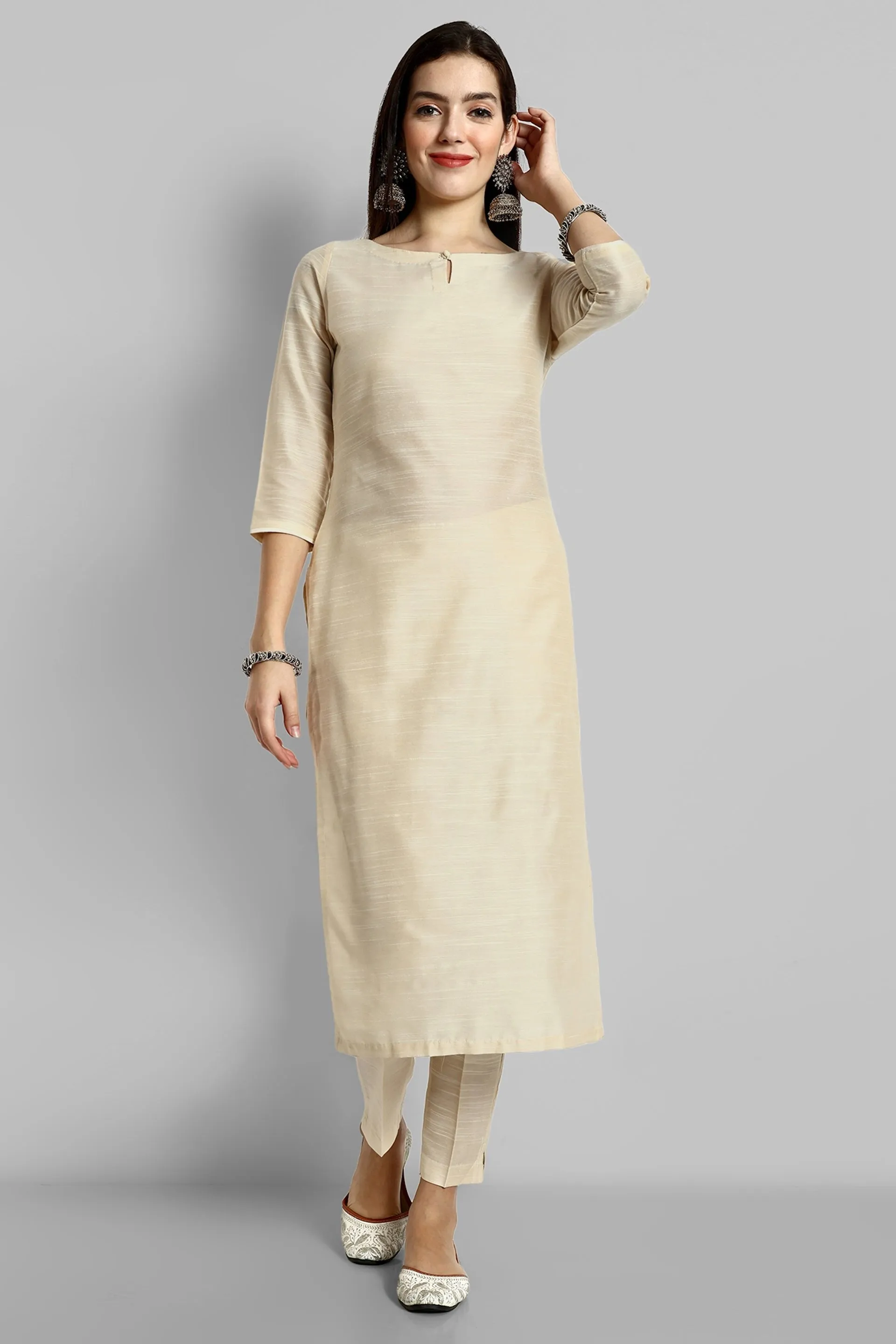 Ivory Boat Neck Kurta with Elasticated Pant - Set of 2