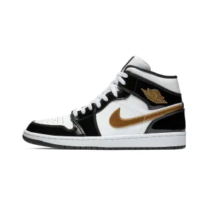 Jordan 1 Mid Patent Black White Gold