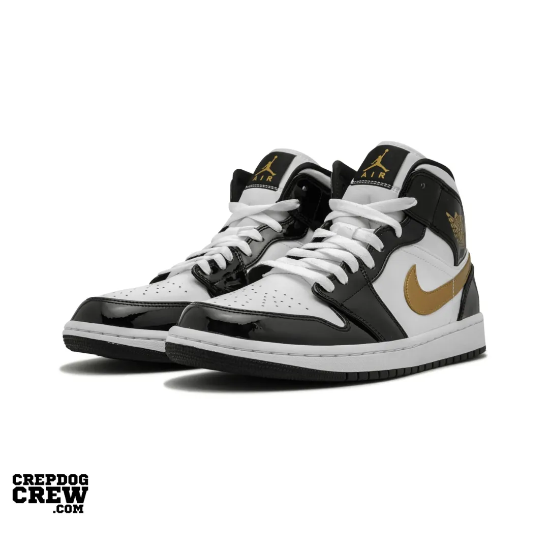 Jordan 1 Mid Patent Black White Gold