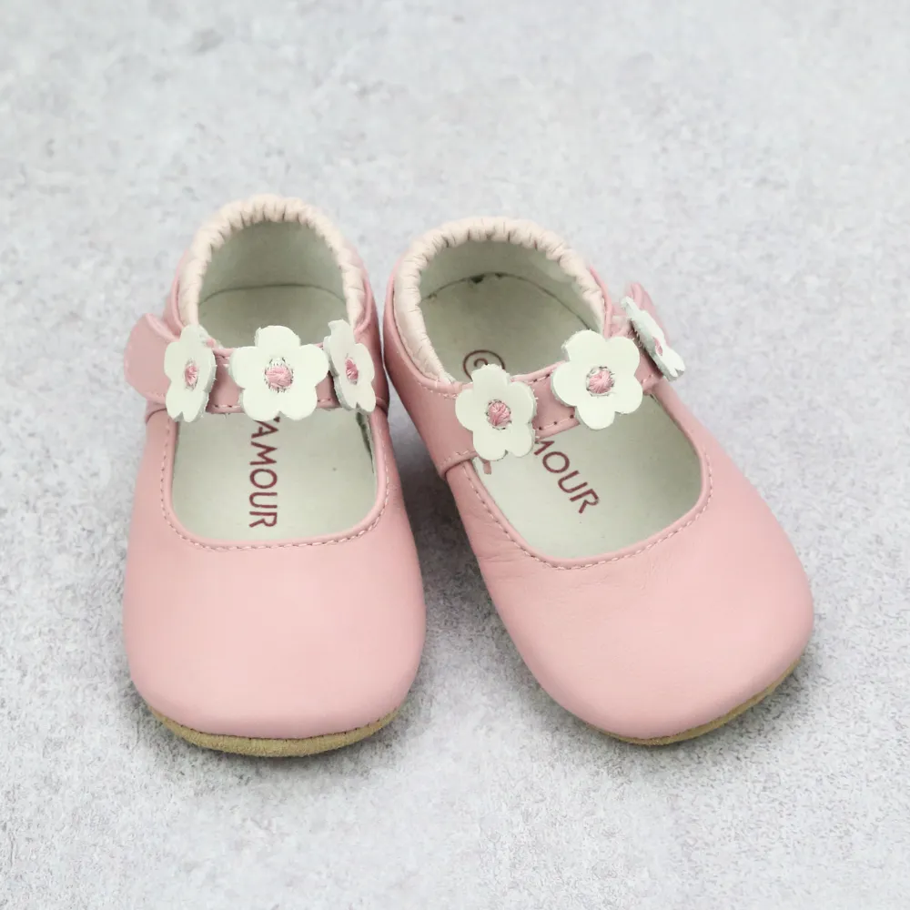 L'Amour Infant Girls Pink Flower Trio Crib Mary Janes