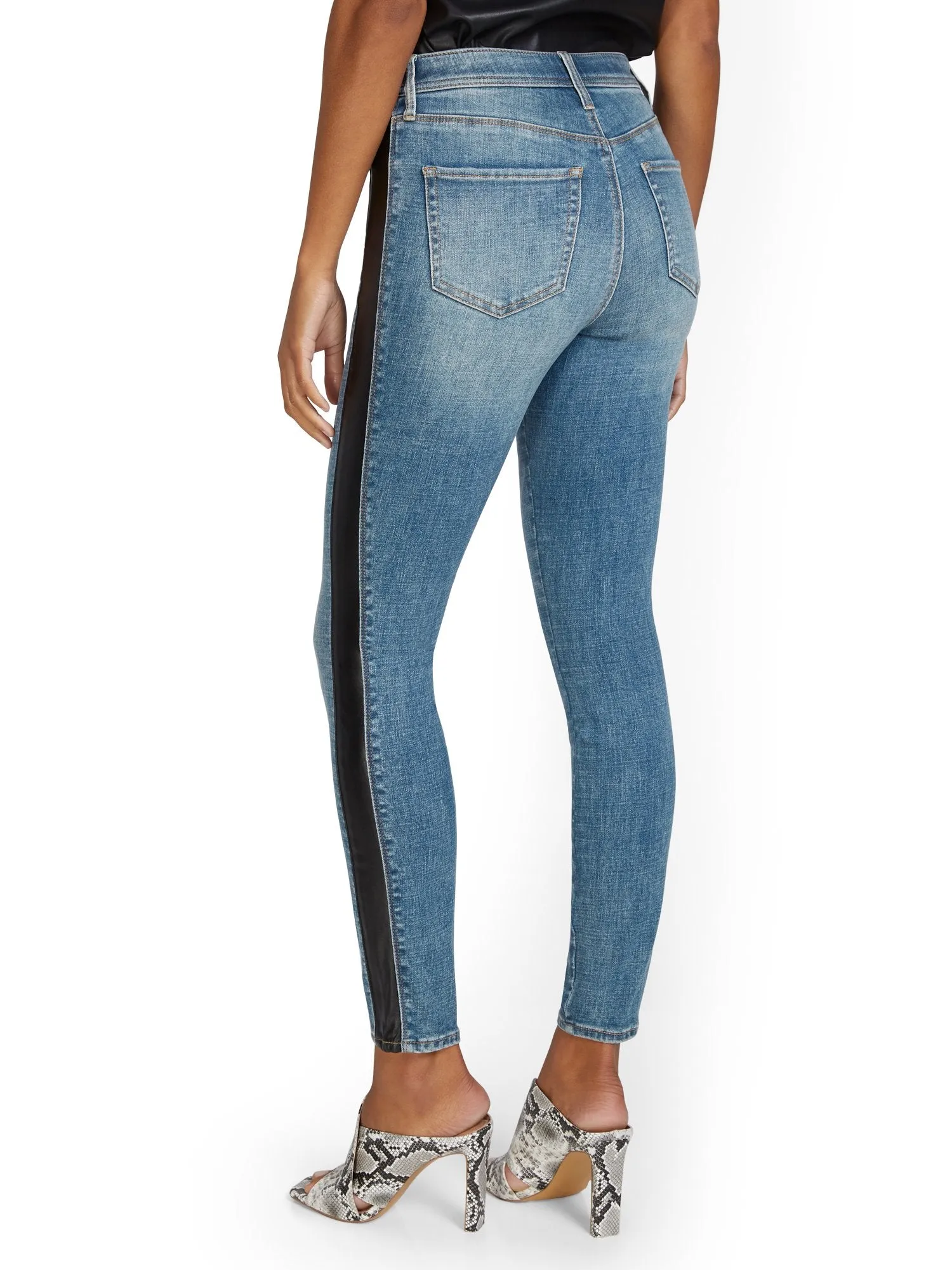 Lexi High-Waisted Super-Skinny Faux-Leather Panel Jeans - Bloomie Wash