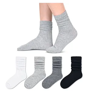 Little Girls Long Socks, Cute Slouch Socks for Girls, Kids Cotton Crew Socks, Scrunch School Socks, Gifts for Girls 6-8 Years Black Gray White