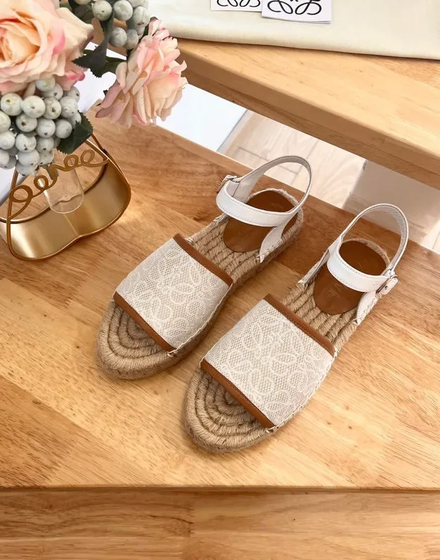 Loew Anagram White Tan Beige Leather And Canvas Espadrille Sandals