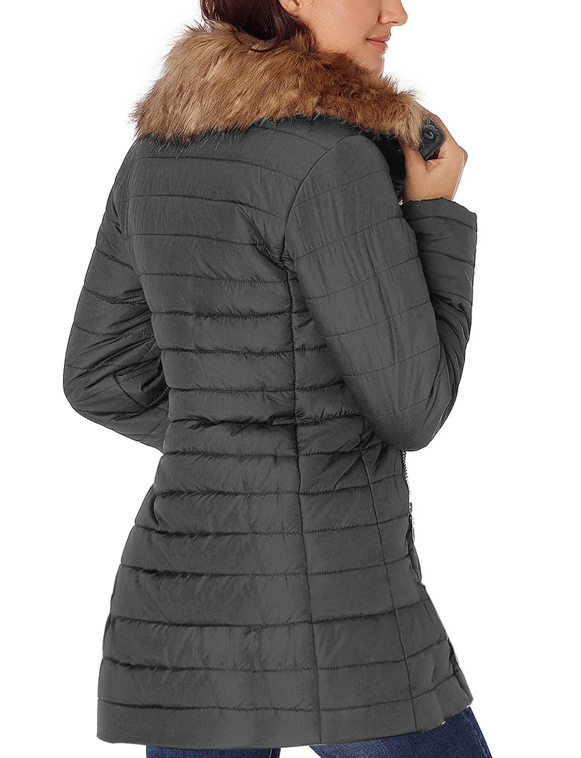 luvamia Women Casual Warm Winter Faux Fur Quilted Parka Lapel Zip Jacket Puffer Coat