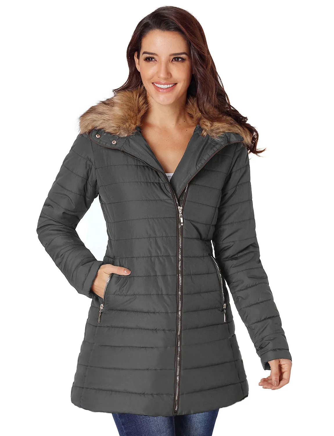 luvamia Women Casual Warm Winter Faux Fur Quilted Parka Lapel Zip Jacket Puffer Coat