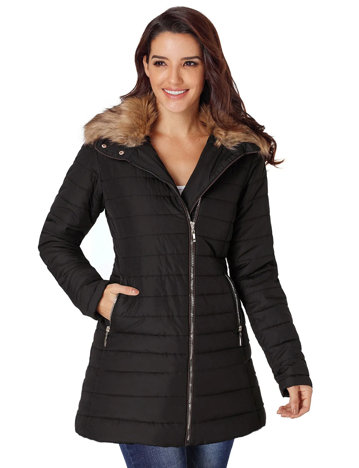 luvamia Women Casual Warm Winter Faux Fur Quilted Parka Lapel Zip Jacket Puffer Coat