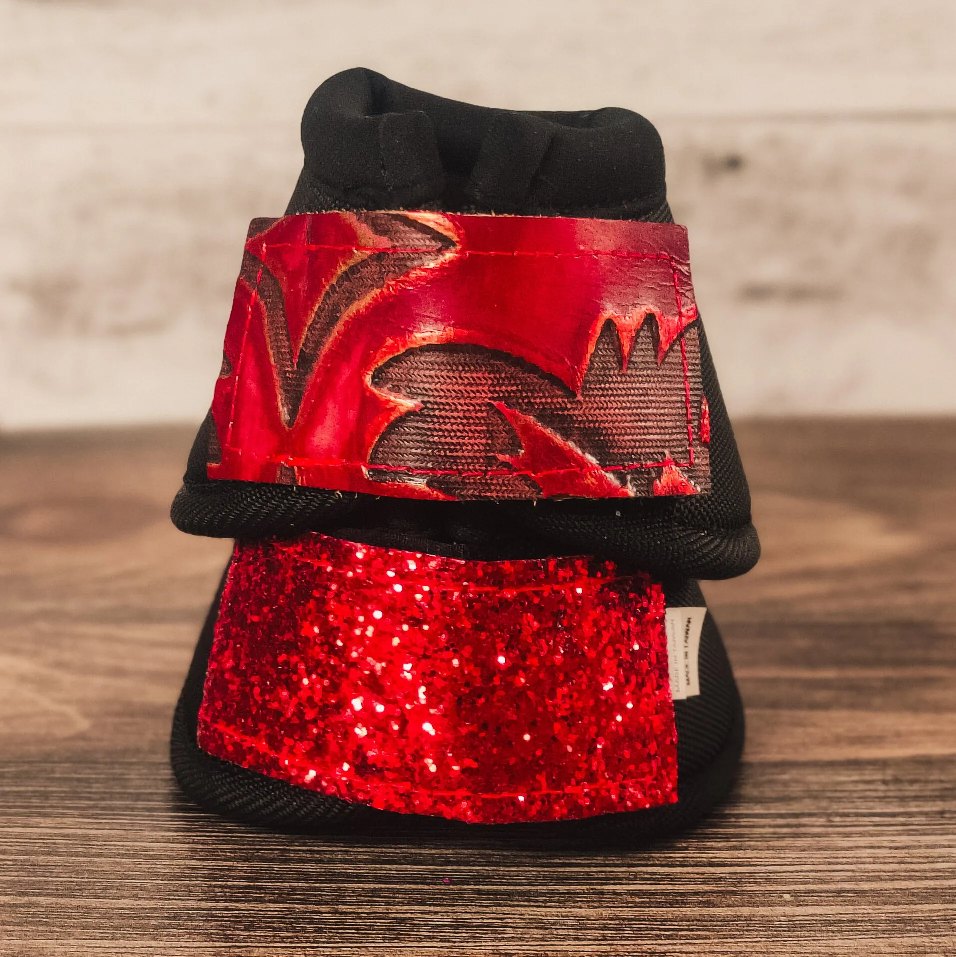 Medium Black Iconoclast Bells w/ Red Filigree Leather and Red Glitter Straps