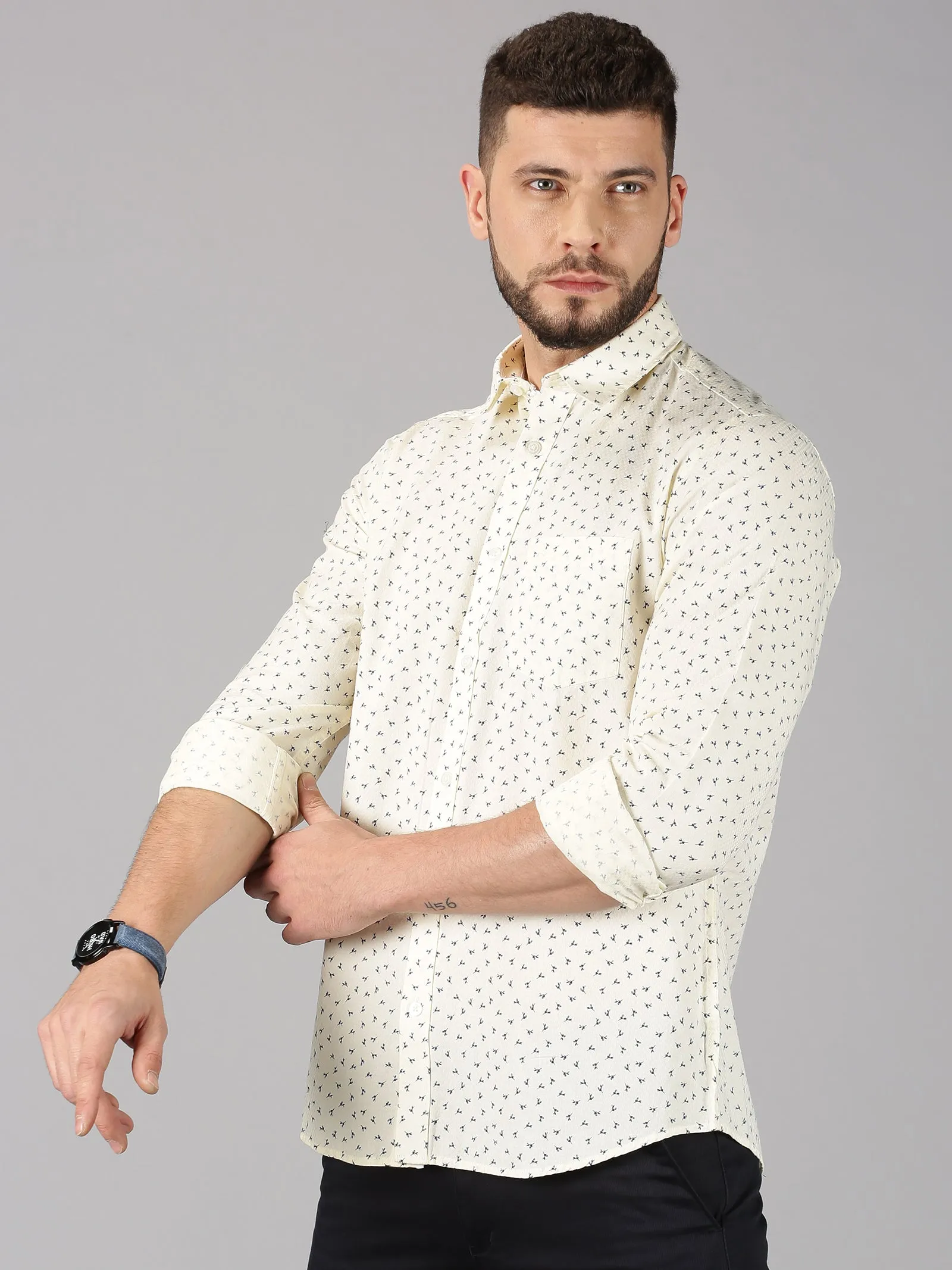 MEN'S CREAM PRINTED SLIM FIT SHIRT