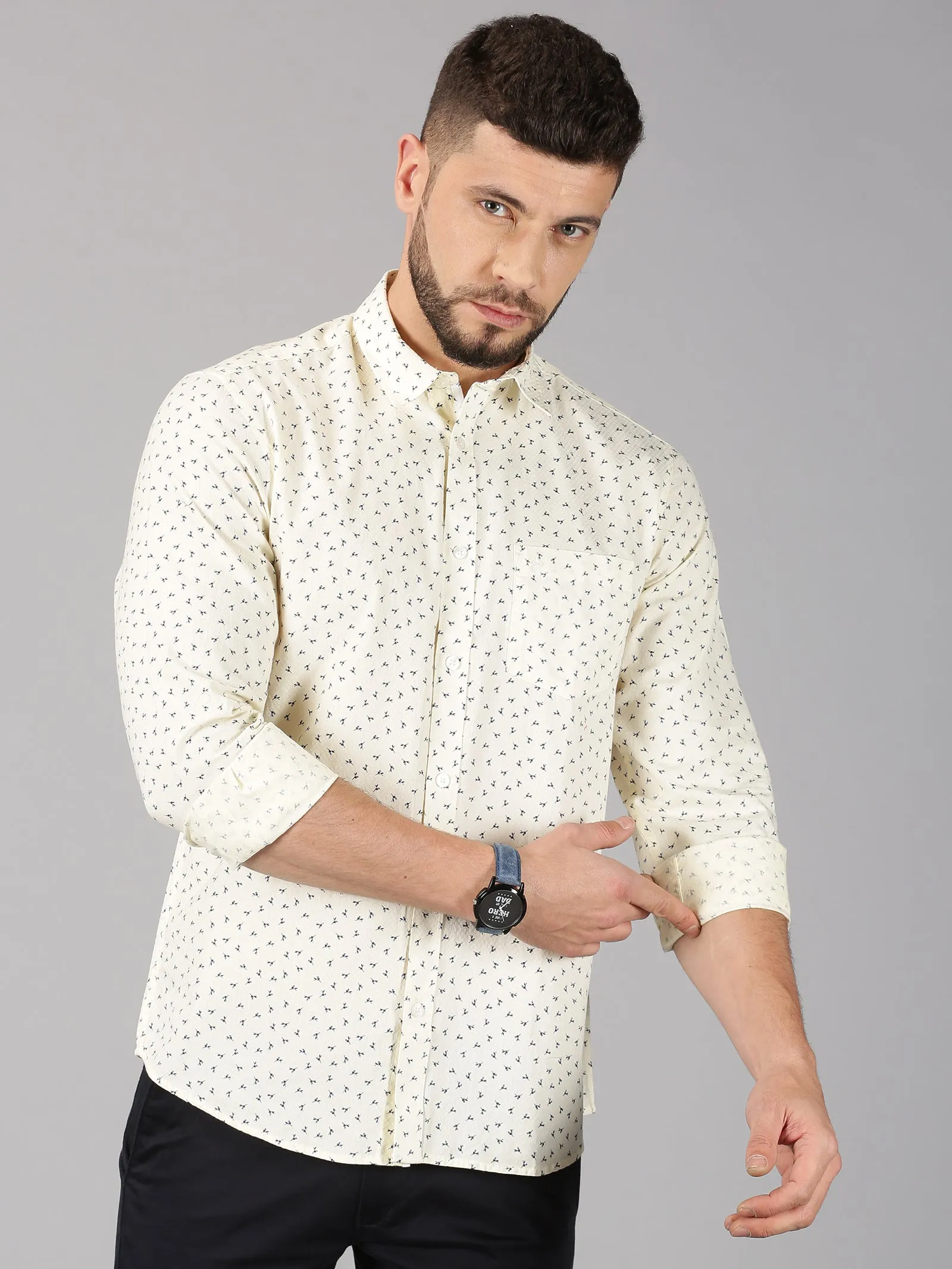 MEN'S CREAM PRINTED SLIM FIT SHIRT