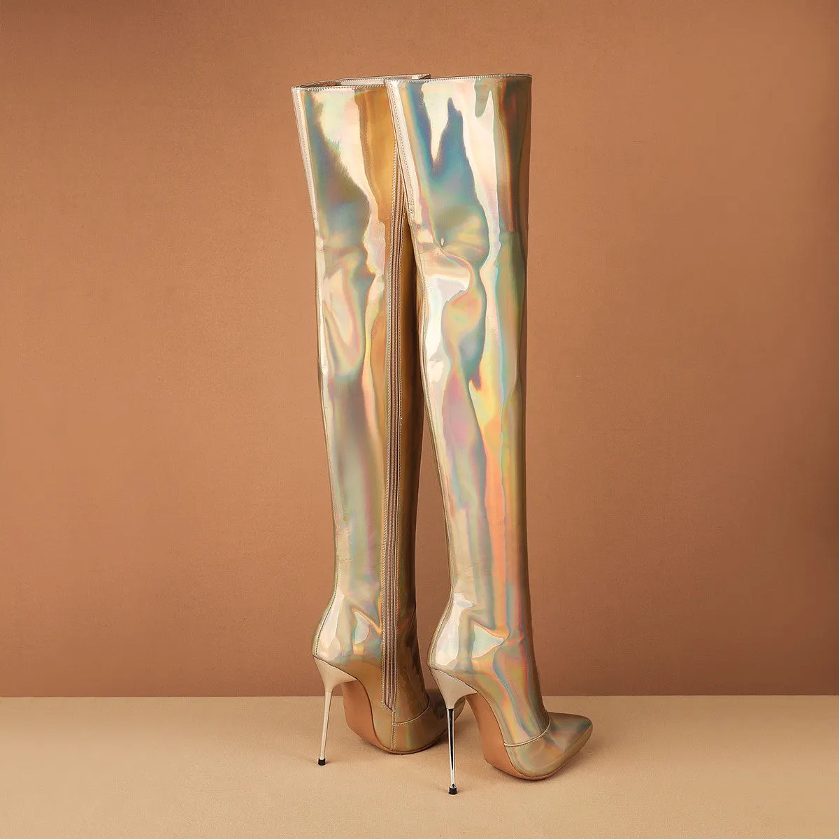 Metallic Patent Stiletto Overknee Boots Glitter Iridescent heels for Women