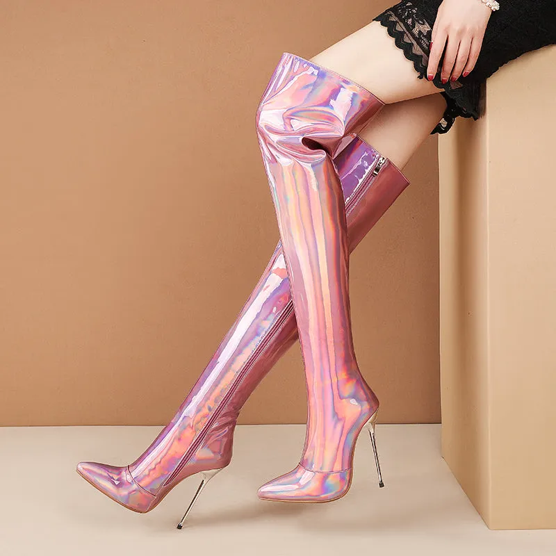 Metallic Patent Stiletto Overknee Boots Glitter Iridescent heels for Women