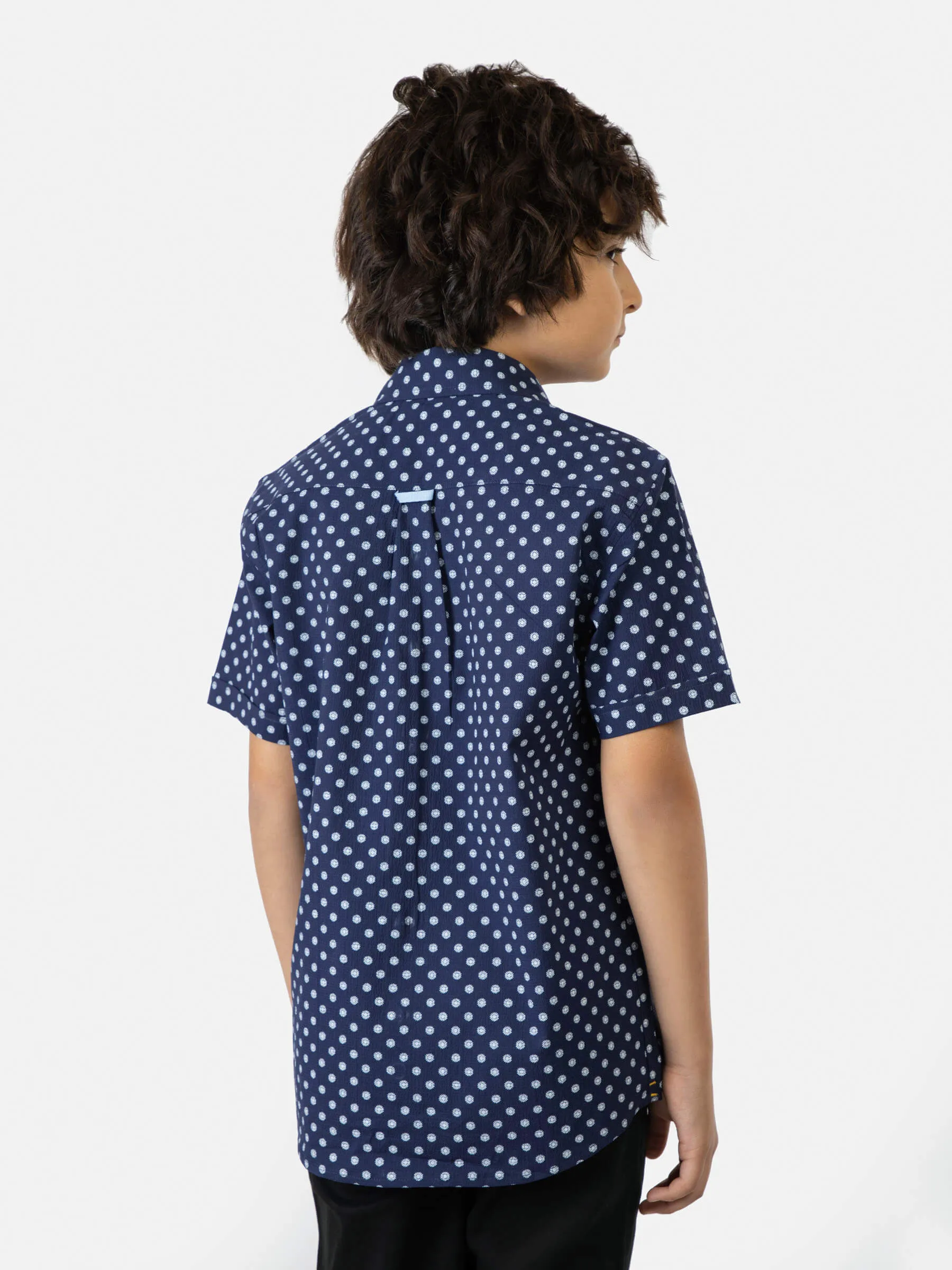 Navy Blue Printed Seersucked Short Sleeve Casual Shirt