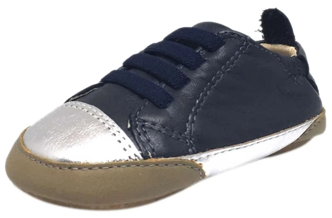 Old Soles Boy's and Girl's Joey Navy Soft Leather Elastic Lace Slip On Sneaker Shoe