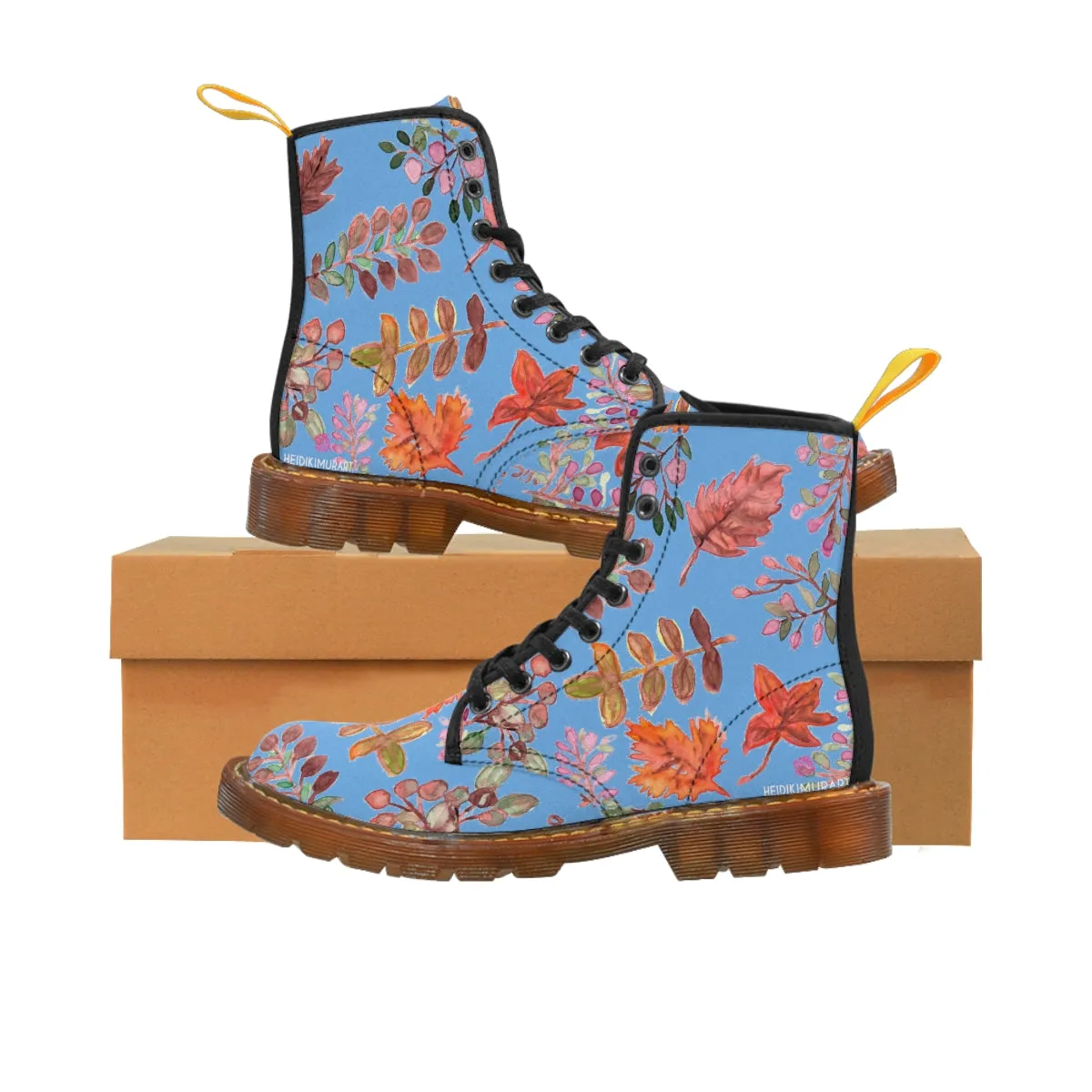 Pastel Blue Fall Women's Boots, Fall Leaves Print Women's Boots, Best Winter Boots For Women