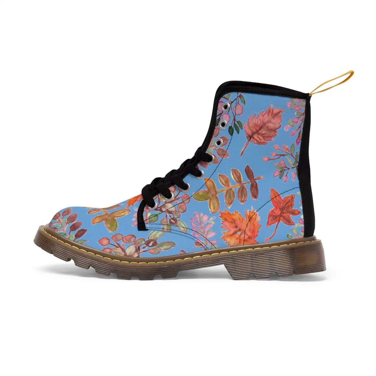 Pastel Blue Fall Women's Boots, Fall Leaves Print Women's Boots, Best Winter Boots For Women