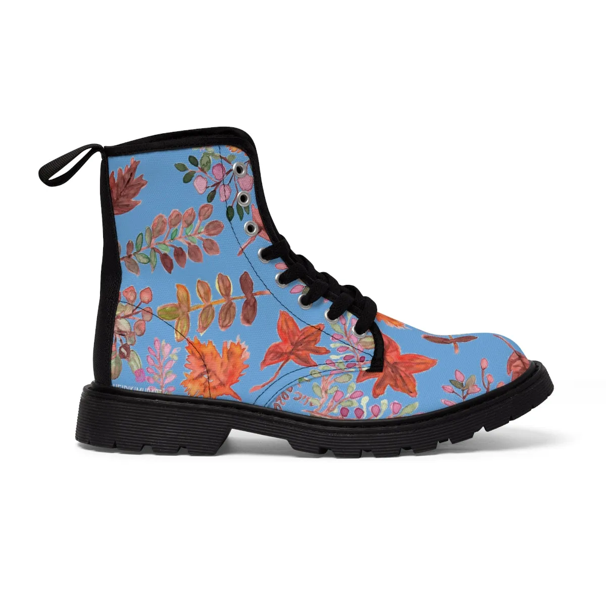 Pastel Blue Fall Women's Boots, Fall Leaves Print Women's Boots, Best Winter Boots For Women