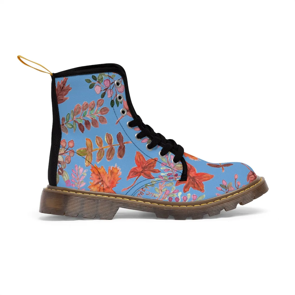 Pastel Blue Fall Women's Boots, Fall Leaves Print Women's Boots, Best Winter Boots For Women