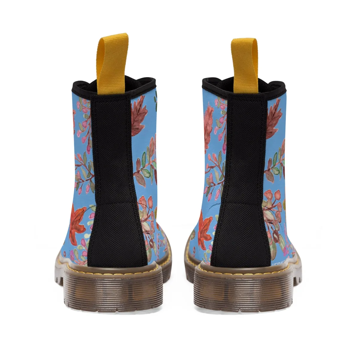 Pastel Blue Fall Women's Boots, Fall Leaves Print Women's Boots, Best Winter Boots For Women