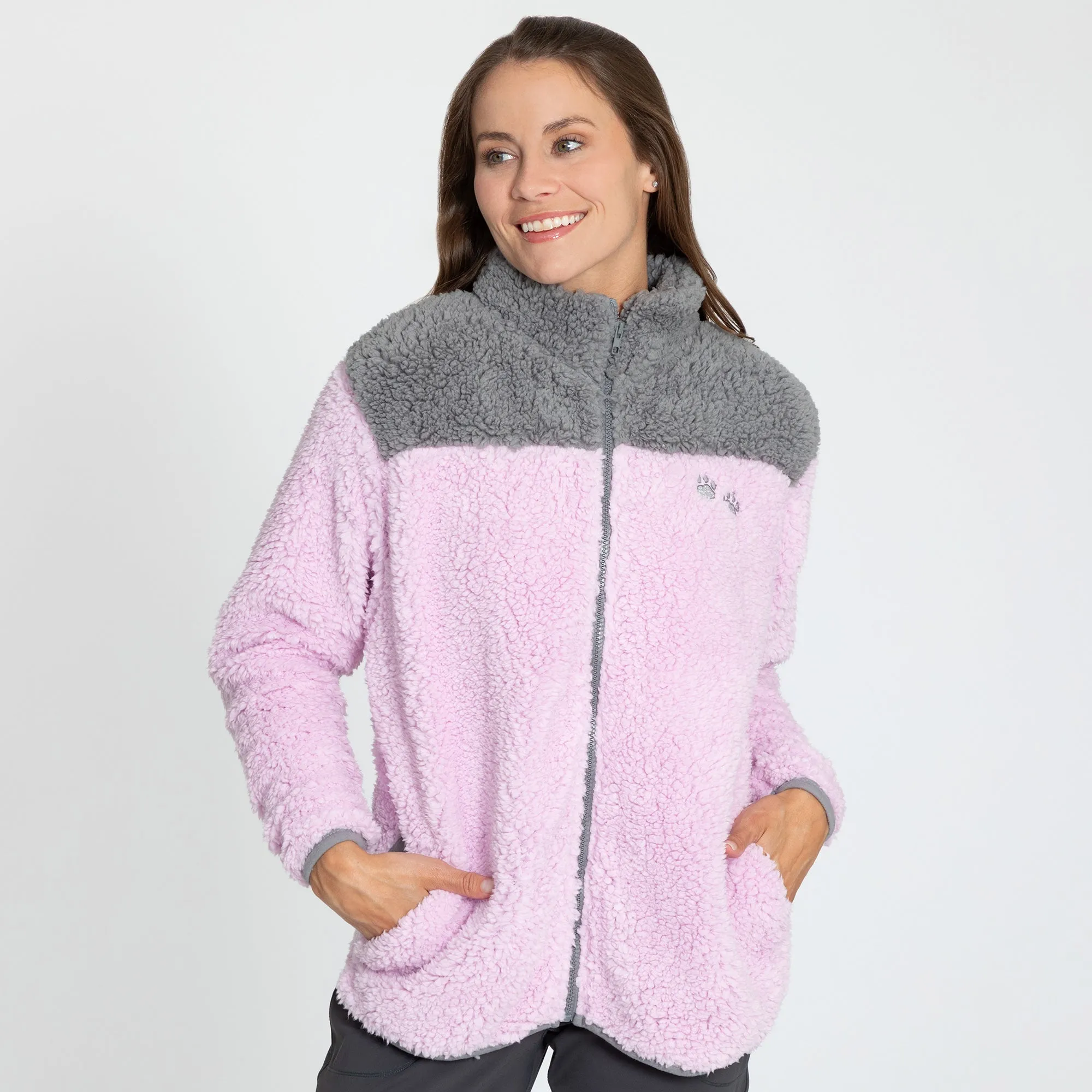 Paw Print Two-Toned Plush Sherpa Fleece Zip Up Jacket