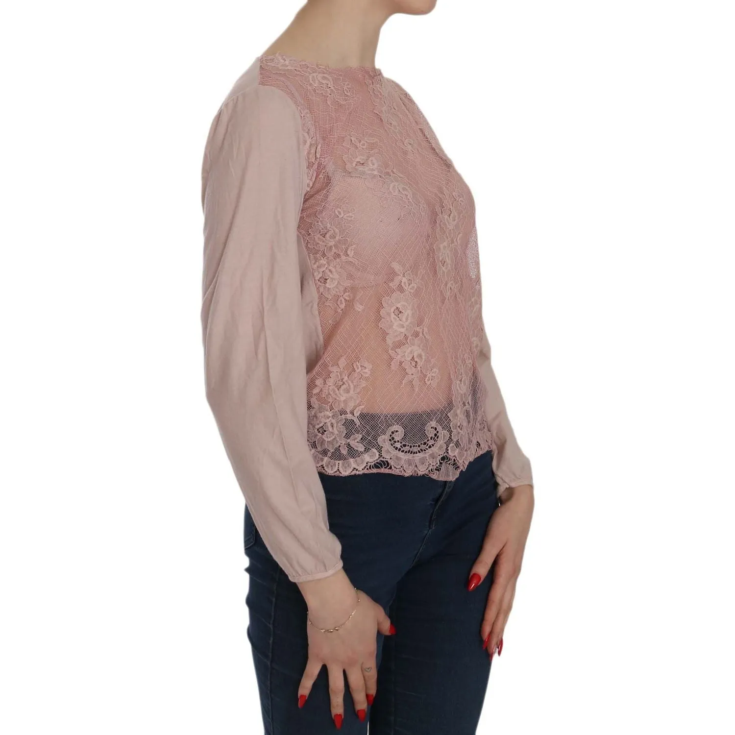 PINK MEMORIES Elegant Pink Lace Boat Neck Blouse