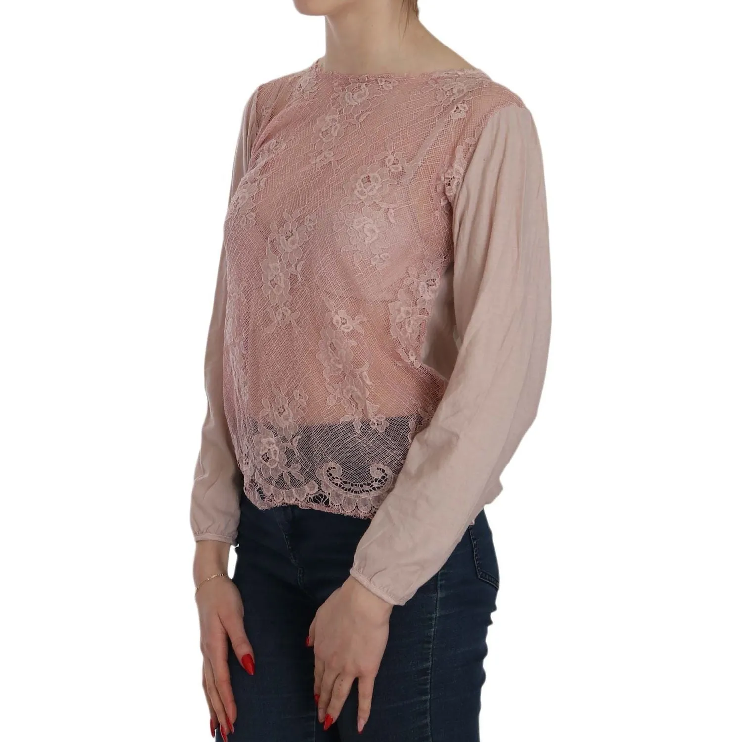 PINK MEMORIES Elegant Pink Lace Boat Neck Blouse